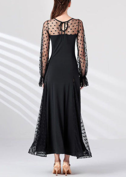 Black Dot Tulle Patchwork Maxi Dresses Spring