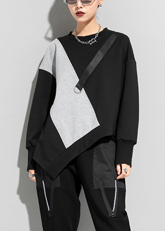 Brief Black Grey O-neck Asymmetrical Patchwork T Shirt Long Sleeve