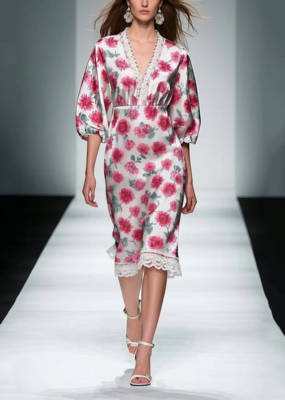 Pink Patchwork Lace Silk Mid Dress Summer
