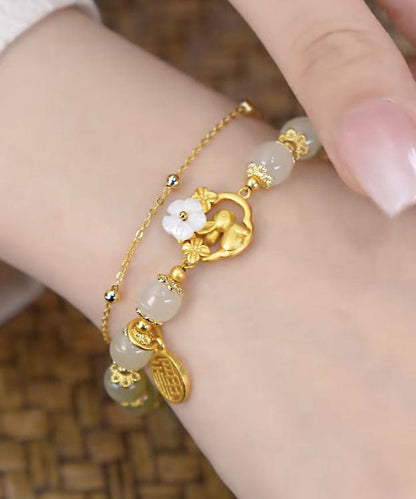 Gold Sterling Silver Overgild Inlaid Jade Rabbit Charm Bracelet