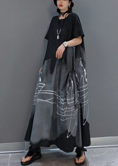 Italian Black Asymmetrical Drawstring Print Patchwork Ankle Dress Spring