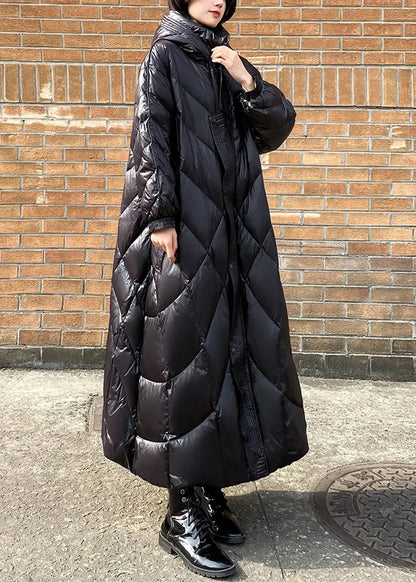 Handmade Black Hooded Lengthen Duck Down Jackets Winter