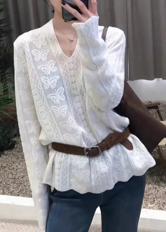 French White Lace Embroidered Patchwork Knit Tops Flare Sleeve