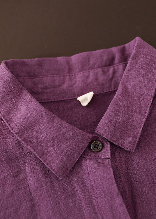 Purple Button Peter Pan Collar Linen Shirt Top Long Sleeve