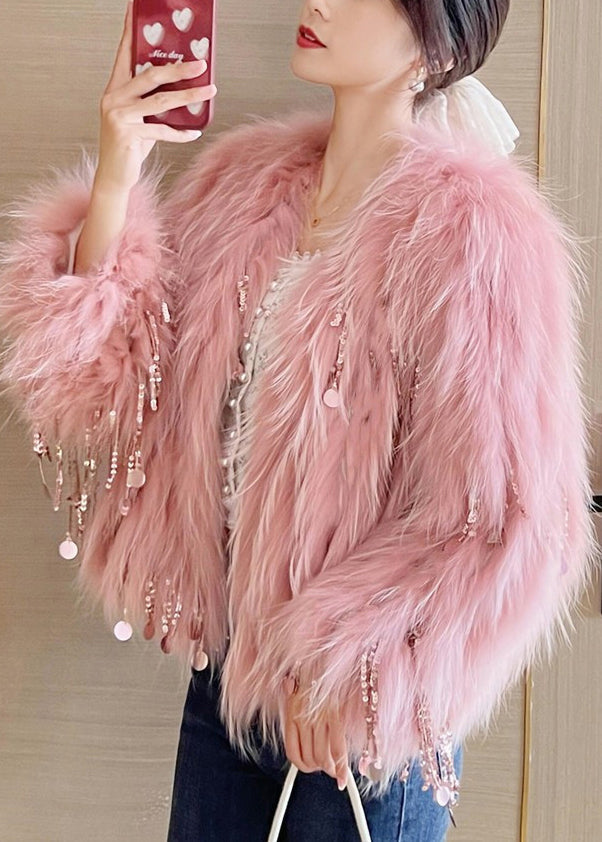 Beige Sequins Tassel Mink Hair Coats Winter