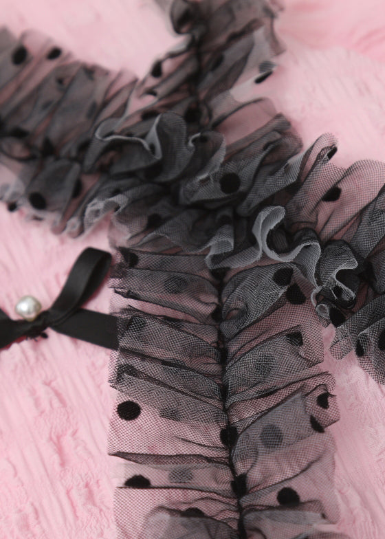 Pink Square Collar Ruffled Print Tulle Shirts Long Sleeve