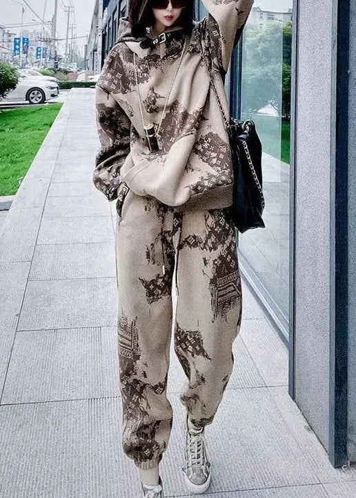 Khaki Hooded Print Warm Fleece Two Pieces Set Winter