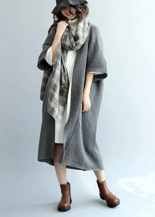Dark Gray Bat Wing Sleeve Pockets Fall Knitwear Coat