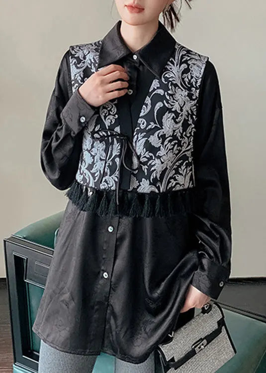 Black V Neck Print Tie Waist Waistcoat Spring