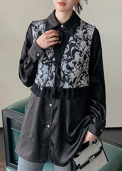 Black V Neck Print Tie Waist Waistcoat Spring