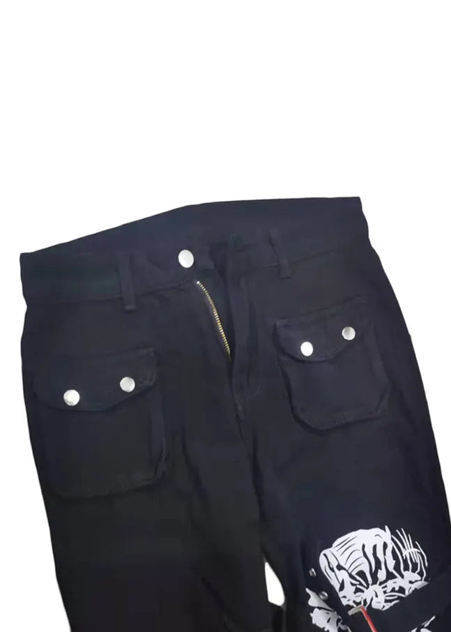 Unique Black Button Print Pockets Denim Pants Summer