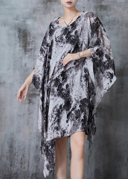 Organic Grey Asymmetrical Ink Wash Painting Chiffon Dress Summer