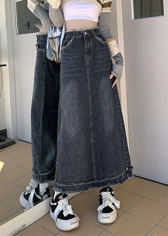 Blue Patchwork Button Denim a Line Skirts