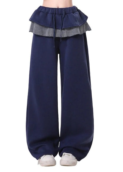 Navy Elastic Waist Patchwork Ruffles Cotton Pants Spring