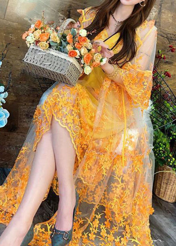 Yellow Hooded Embroideried Patchwork Tulle Two Pieces Set Summer