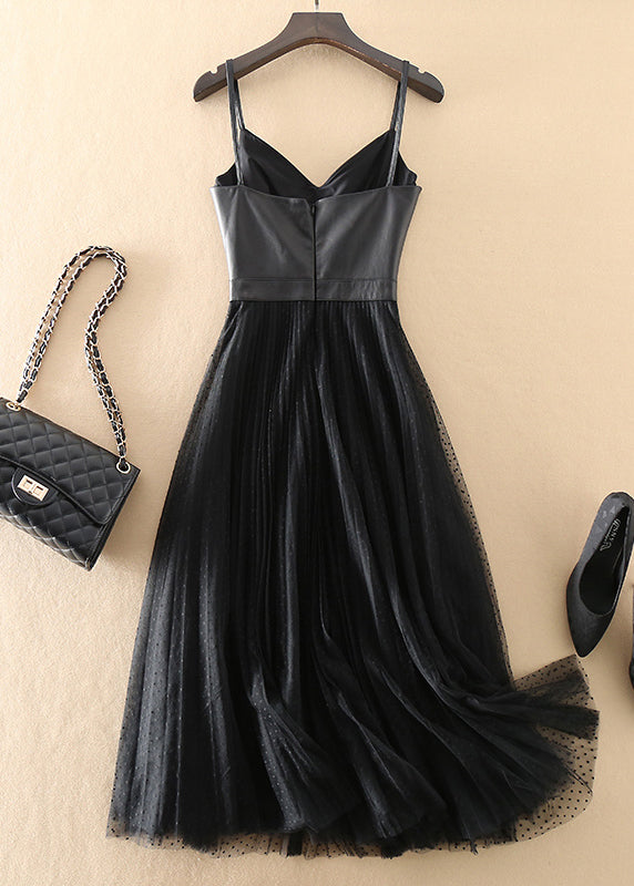 Black V Neck Sheepskin Patchwork Tulle Dress Sleeveless Summer