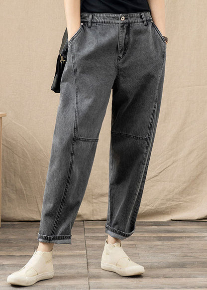Grey Elastic Waist Pockets Patchwork Cotton Denim Harem Pants Summer