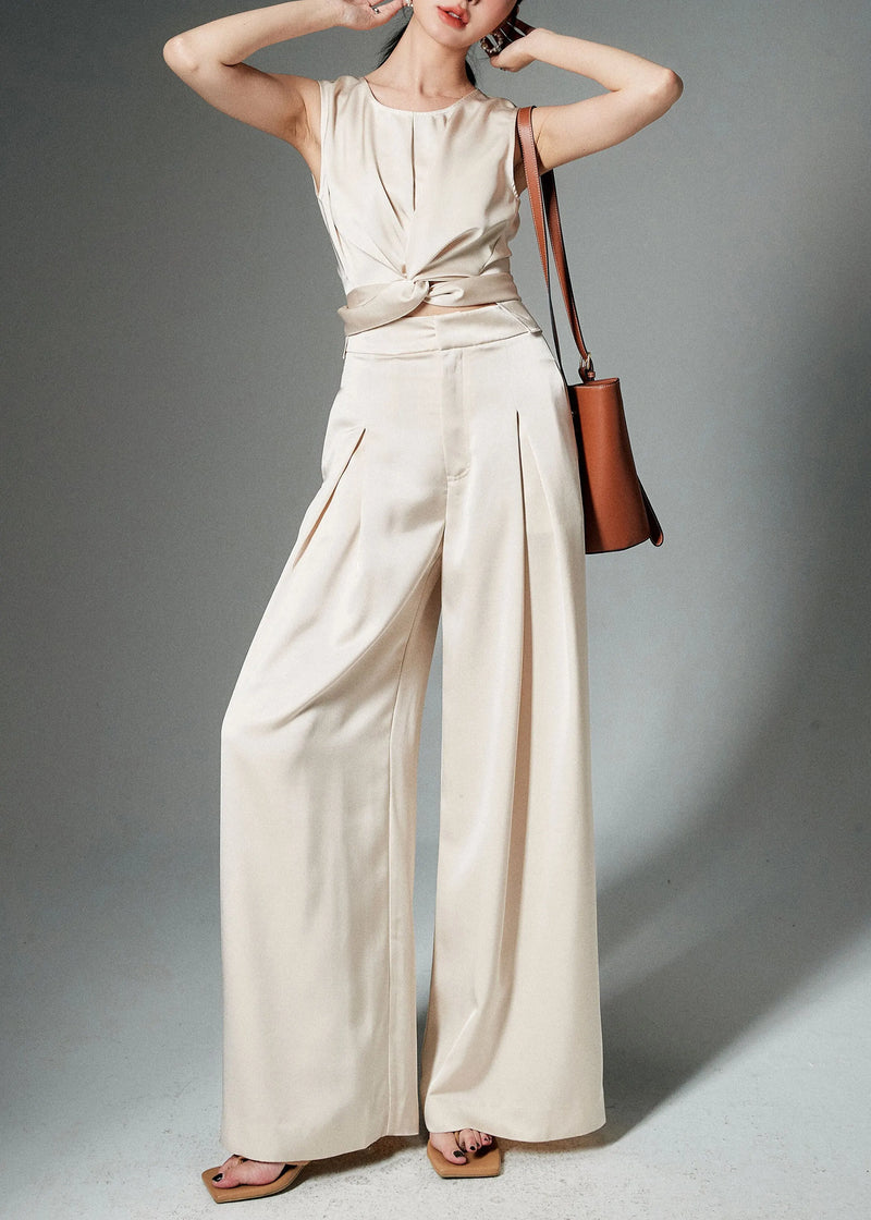 Beige Front Open Tops and Pants Silk Two Pieces Set Sleeveless