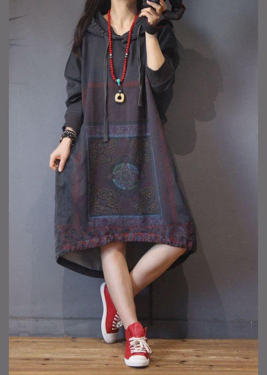 Grey Print Cotton Hooded Summer Dress