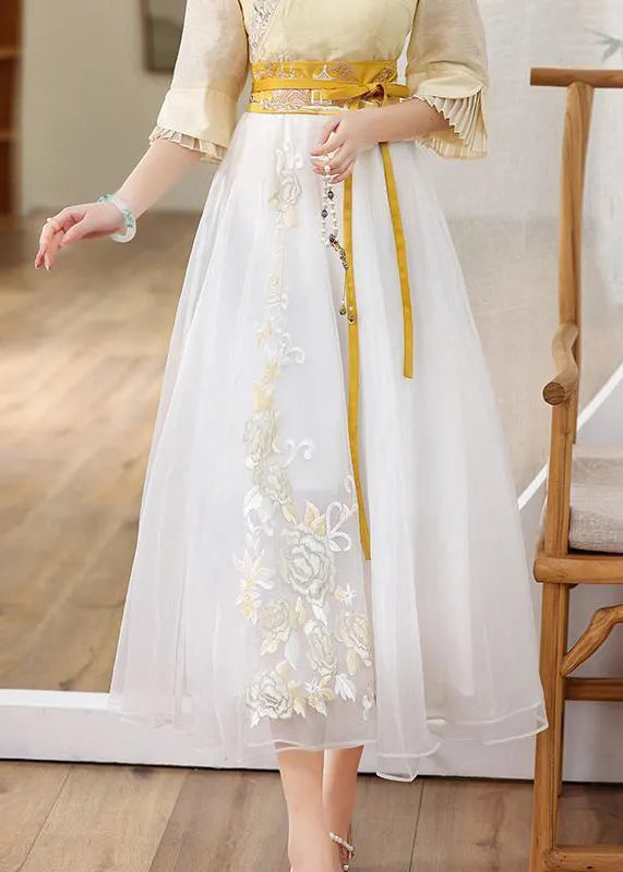 Yellow Embroideried High Waist Tie Waist Tulle Skirts Fall