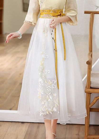 Yellow Embroideried High Waist Tie Waist Tulle Skirts Fall