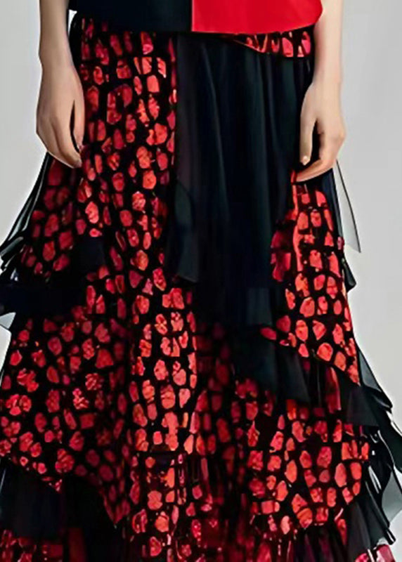 Red Print Tulle Holiday Tulle Long Dress Short Sleeve