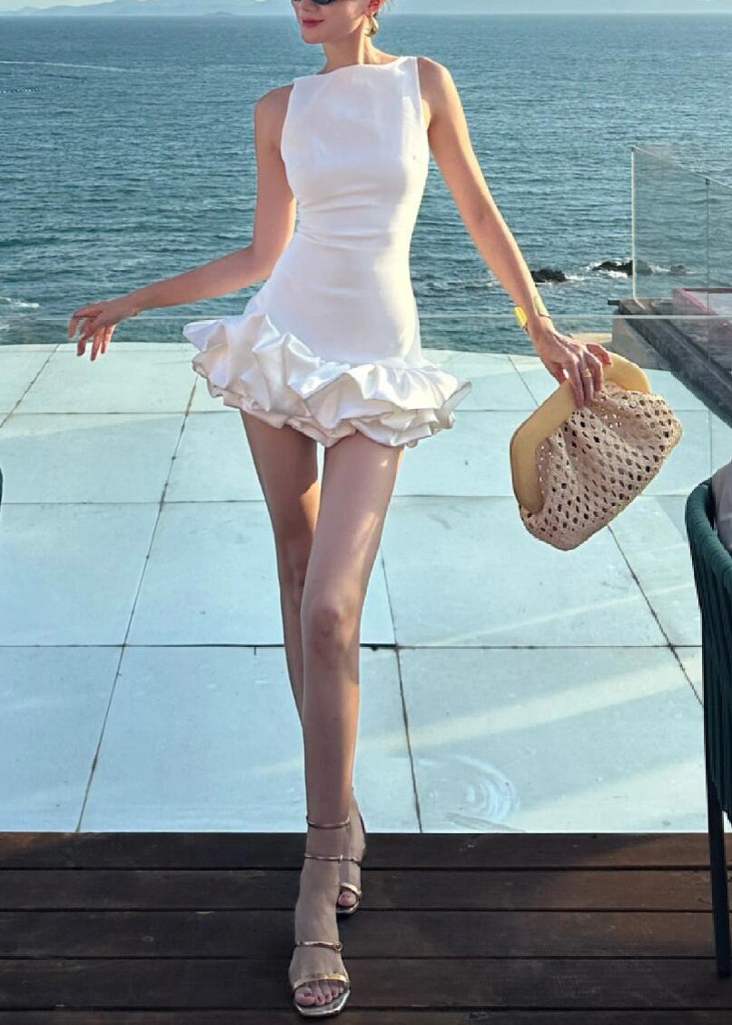 Italian White Backless Cotton Party Dress Sleeveless