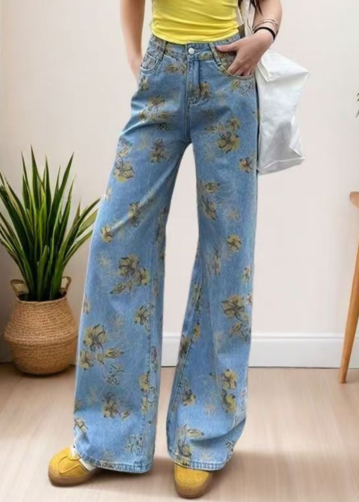 Diy Light Blue Oversized Print Denim Straight Pants Fall