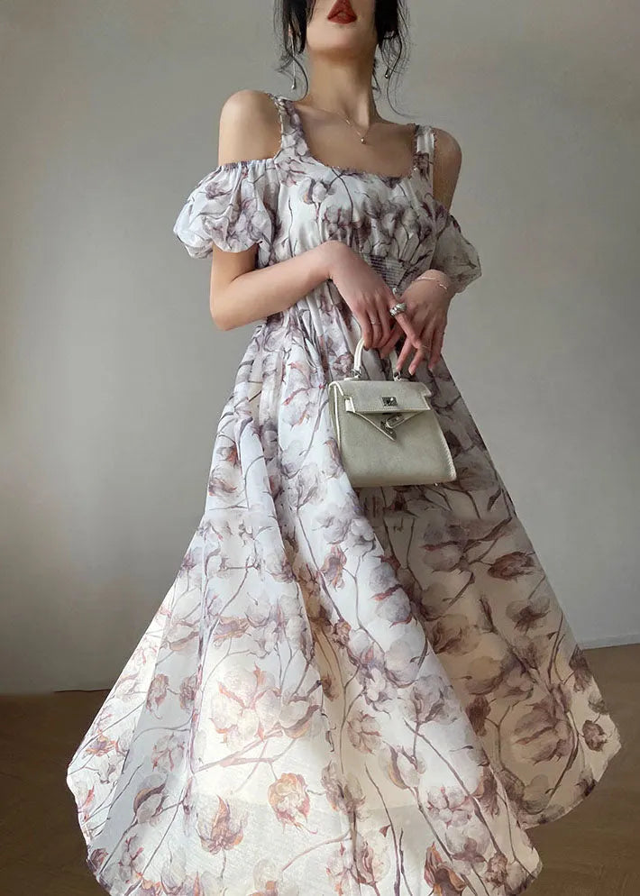 White Elastic Waist Cold Shoulder Print Silk Strap Dresses Puff Sleeve