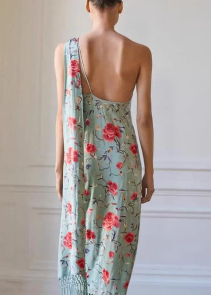 Vogue Green Asymmetrical Tasseled Print Cotton Maxi Dresses Sleeveless