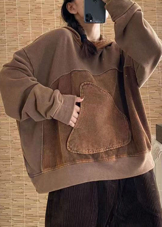 Brick Red Hooded Patchwork Cotton Pullover Top Spring