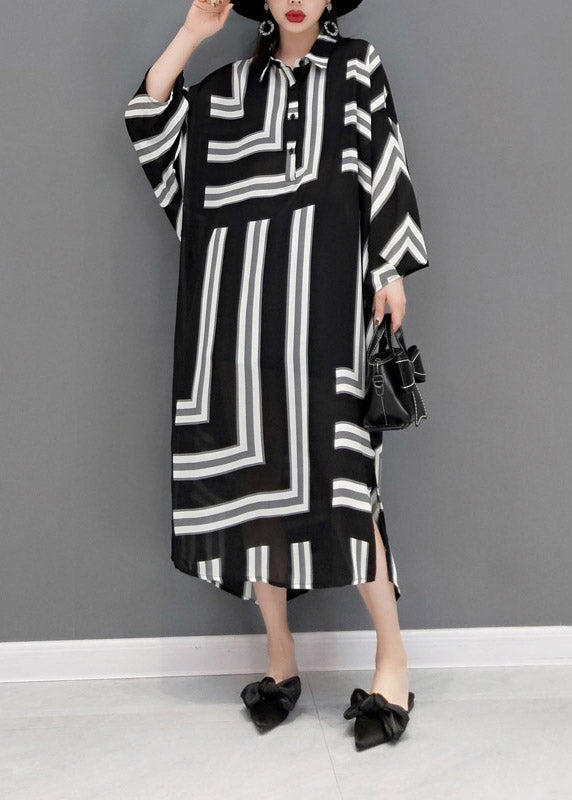 Grey Peter Pan Collar Side Open Striped Button Dresses Batwing Sleeve