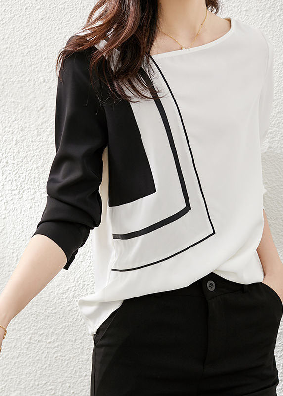 Black White Asymmetrical Design Patchwork Chiffon Top Long Sleeve