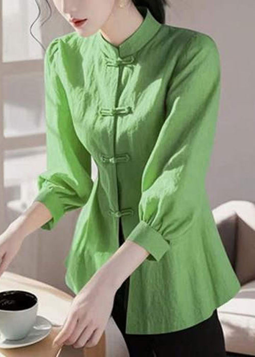 Loose Green Stand Collar Button Cotton Blouse Bracelet Sleeve Fall