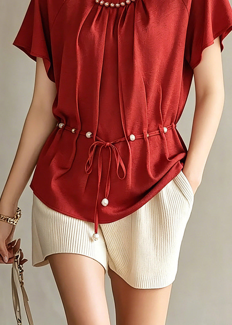 Red Wrinkled Tie Waist Chiffon Top Short Sleeve