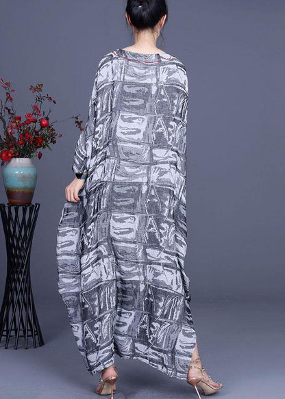 French Grey Print Cotton Linen Side Open Party Dress Summer