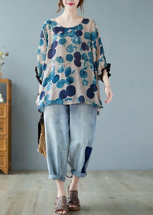 Cotton Linen Gray Dotted Top Batwing Sleeve