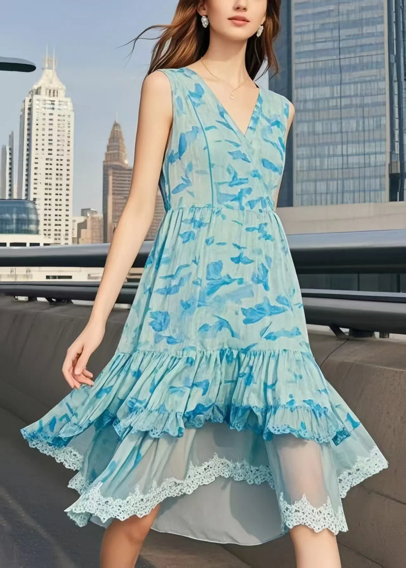 Light Blue Print Patchwork Chiffon Day Dresses Sleeveless