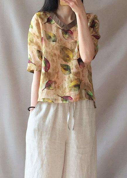 Modern Yellow Leaves Clothes V Neck Half Sleeve Loose Blouse