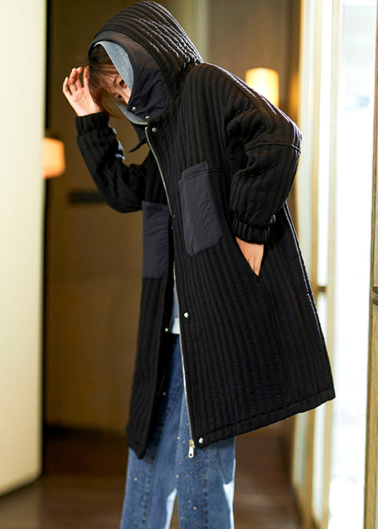 Dark Green Zippered Hooded Pockets Fine Cotton Filled Coat Winter