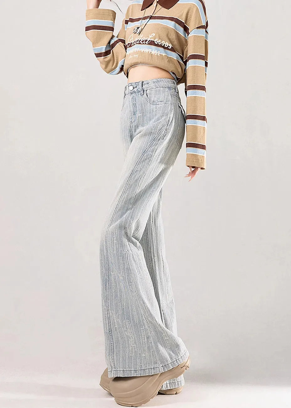 Light Blue Jacquard Striped Denim Flare Bottoms Fall