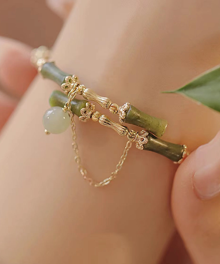 Green Crystal Jade Bamboo Joint Tassel Charm Bracelet