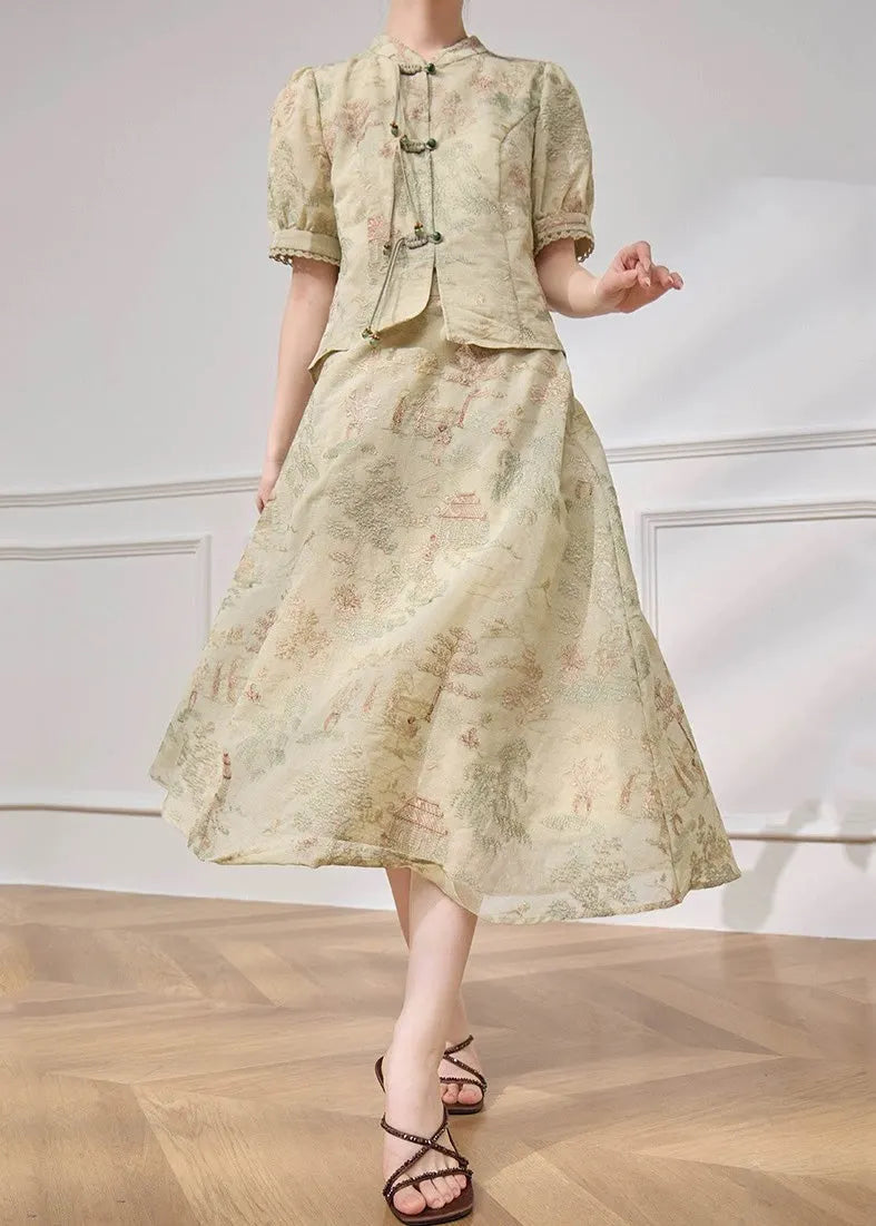 Jacquard Light Green Button Tops and Skirts Two Pieces Set Summer