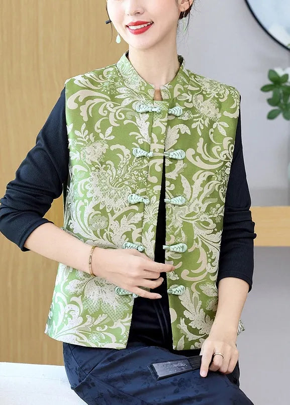 Green Stand Collar Print Button Silk Waistcoat Sleeveless