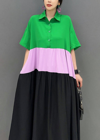 Colorblock Peter Pan Collar Patchwork Cotton a Line Dress Short Sleeve