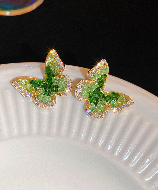 Green Copper Zircon Crystal Butterfly Stud Earrings
