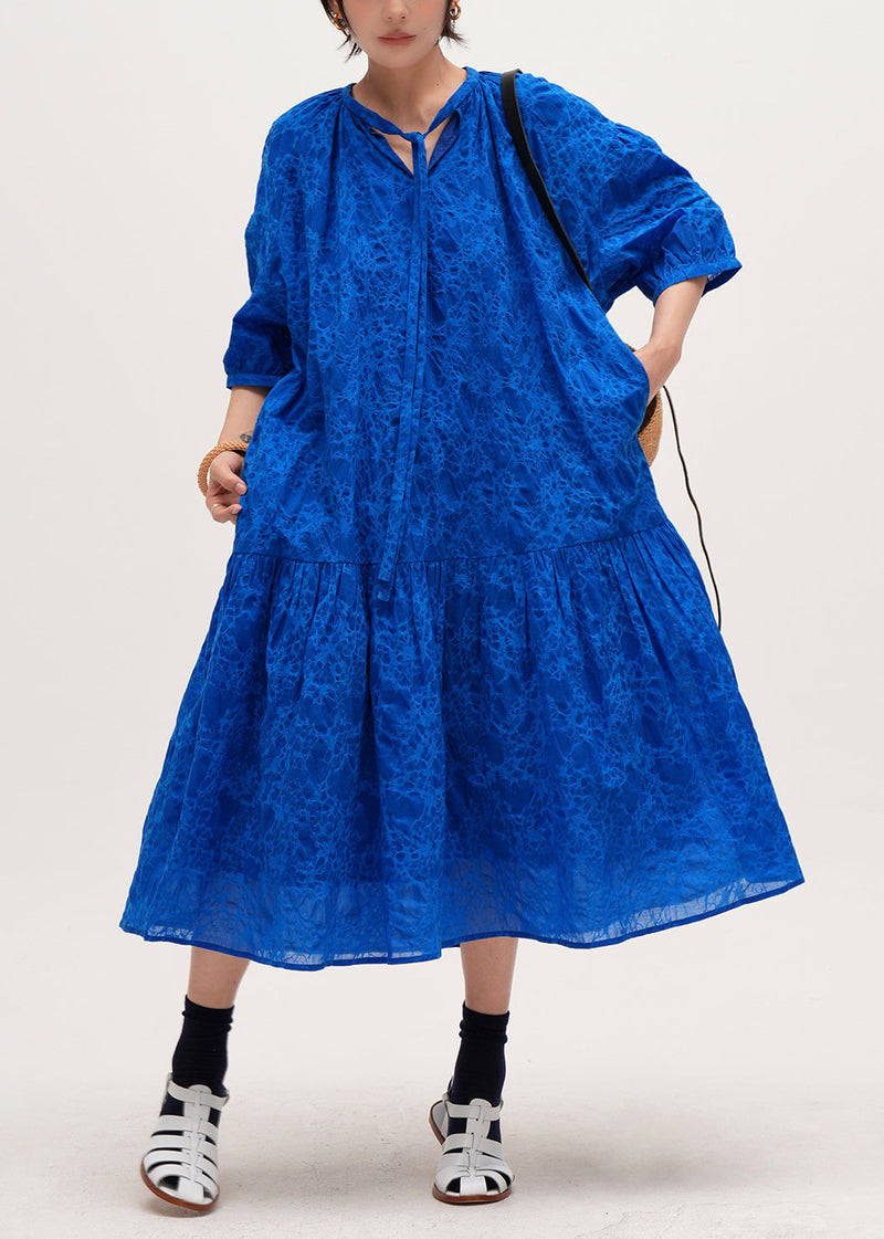 Blue Print Pockets Lace Up Cotton Long Dresses Half Sleeve Fall