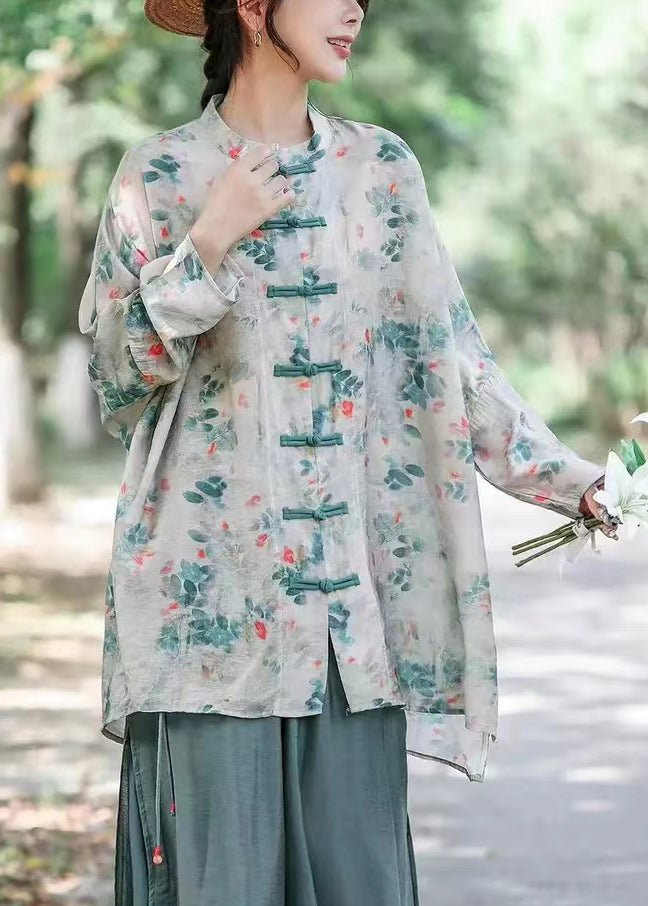 Grey Print Button Cotton Shirts Long Sleeve