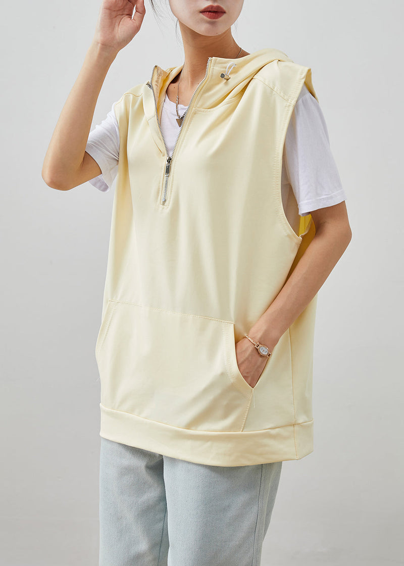 Beige Hooded Pockets Cotton Vest Fall
