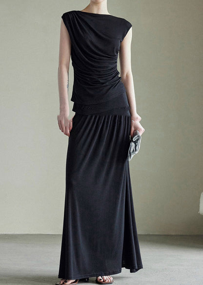 Handmade Grey Slash Neck Vest and Maxi Skirts Cotton Two Piece Set Sleeveless